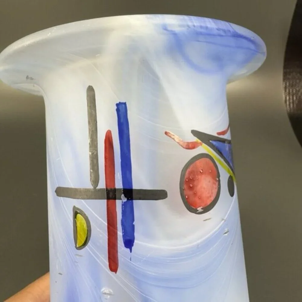 Hand Made German Art Glass Vase Vessel‎ Hand Painted Decorated Swirl Slag Glass